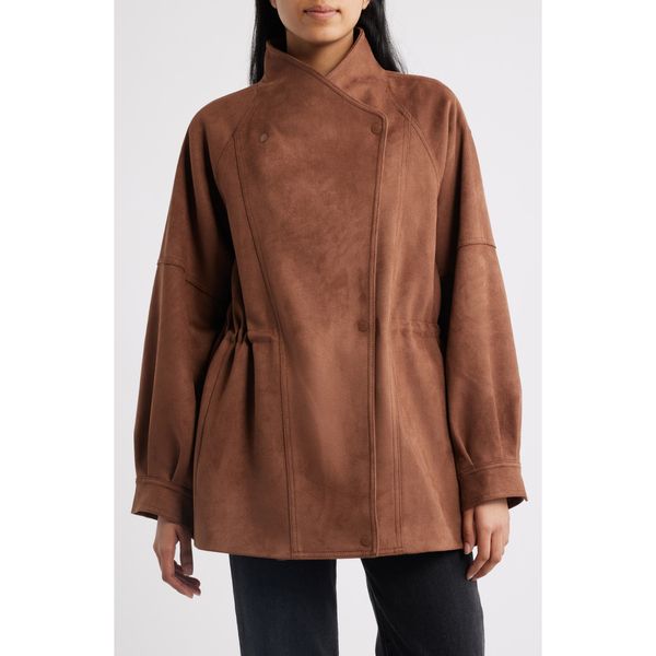 Sam Edelman faux suede jacket in cognac with stand collar, product shot