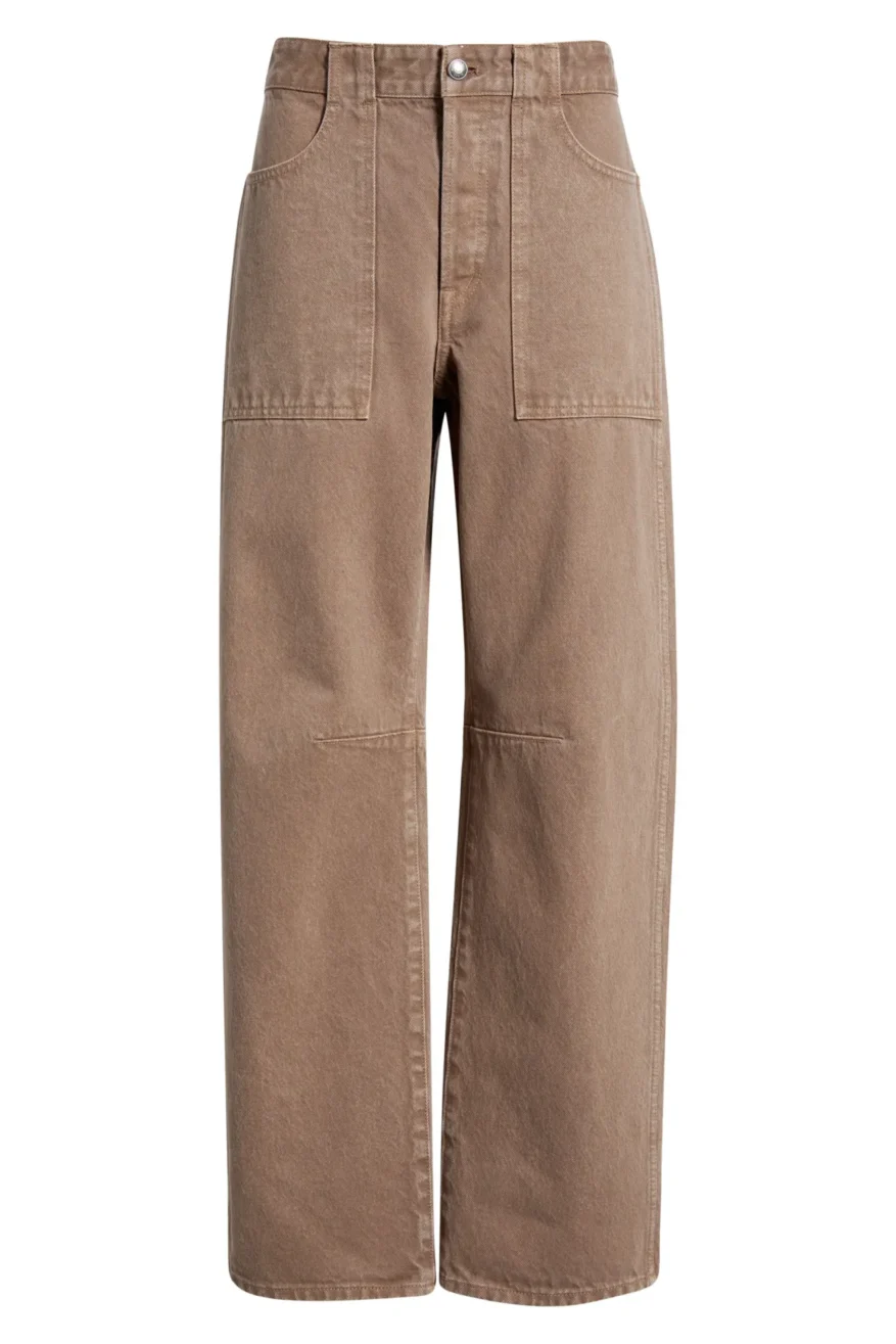 Madewell darted utility barrel leg jeans in brown with patch pockets