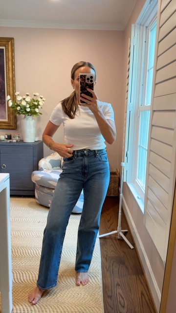 TeriLyn Adams wearing PAIGE Stevie straight leg jeans with a white tee