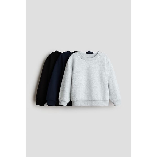 H&M 3-pack brushed-inside sweatshirts in black, navy, and gray, kids, product shot