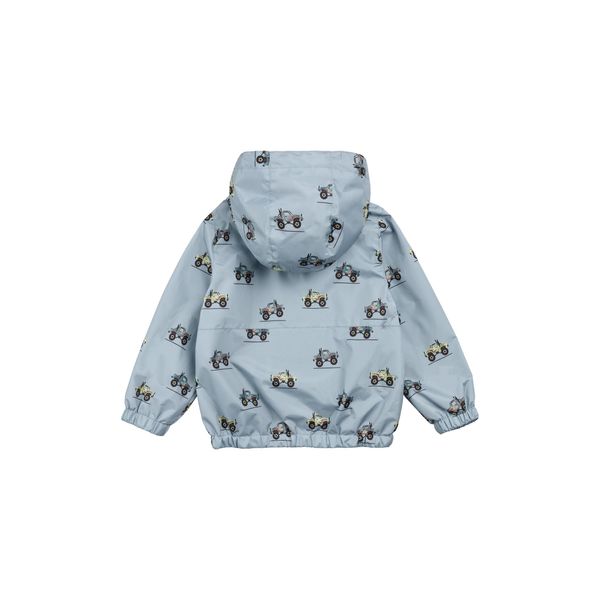 Miles the Label hooded windbreaker jacket in light blue with tractor print, kids, back view
