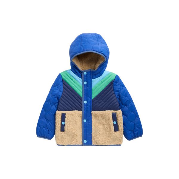 Mini Boden chevron quilted fleece jacket in blue colorblock, kids, product shot