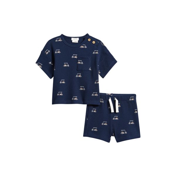 Petit Lem golf cart print thermal t-shirt and shorts set in navy, baby, product shot
