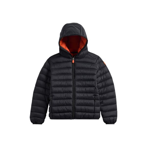 Save The Duck Dony hooded puffer jacket in black with orange lining, kids, product shot