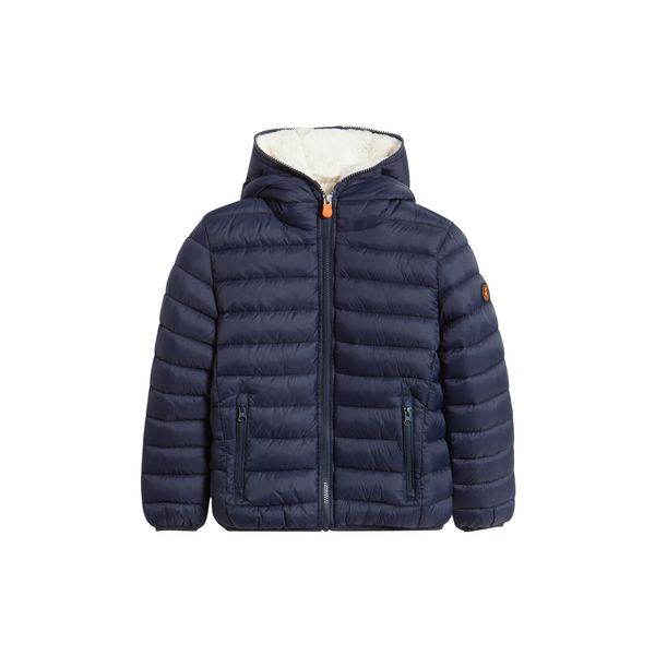 Save The Duck Finnegan hooded puffer jacket in navy with sherpa lining, kids, product shot