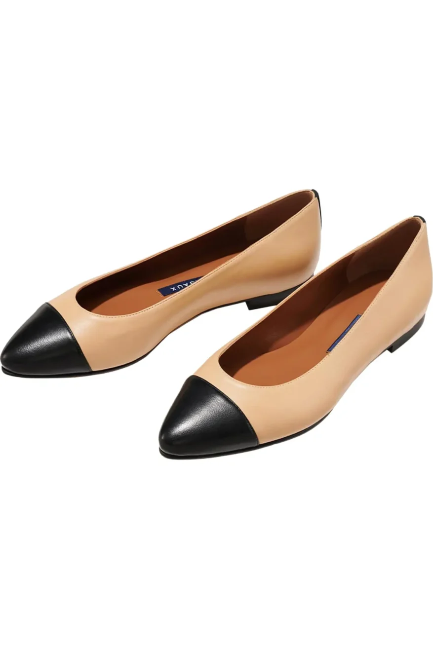 Margaux Cap-Toe Pointe flats in tan leather with a black toe cap