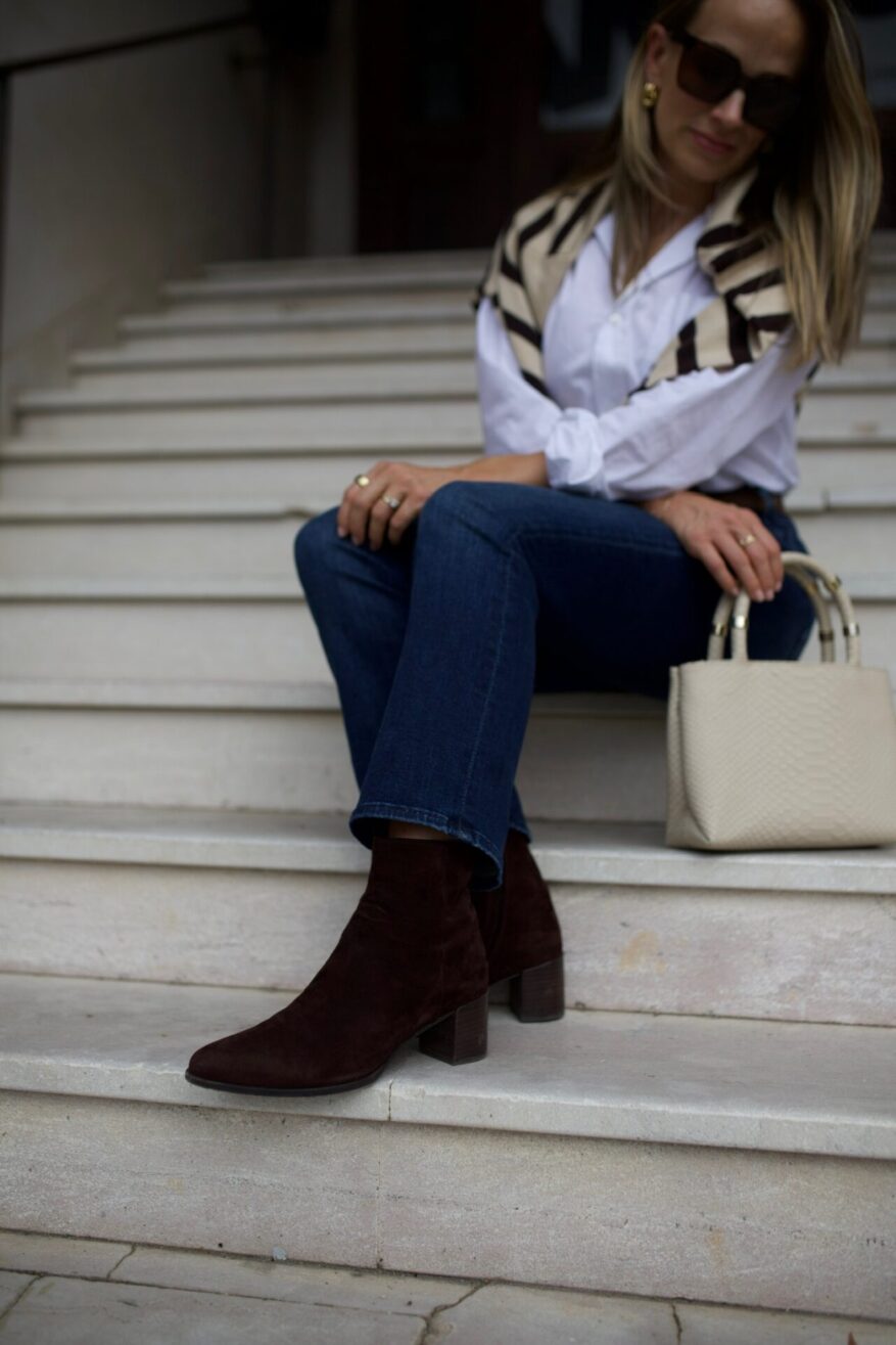 TeriLyn Adams wearing Margaux Downtown boots in brown suede with denim and a white button-down