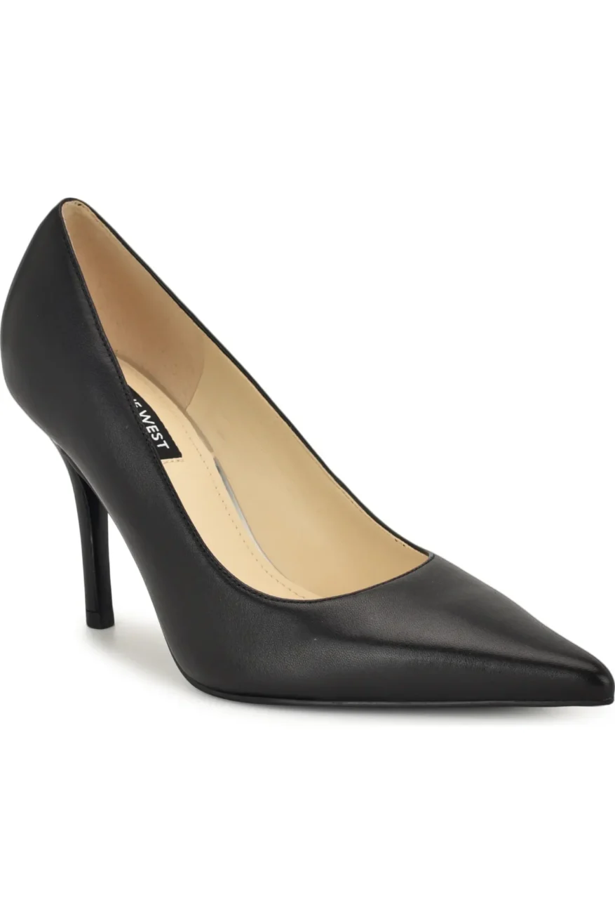 Nine West Gemmha pointed toe pumps in black leather with a stiletto heel