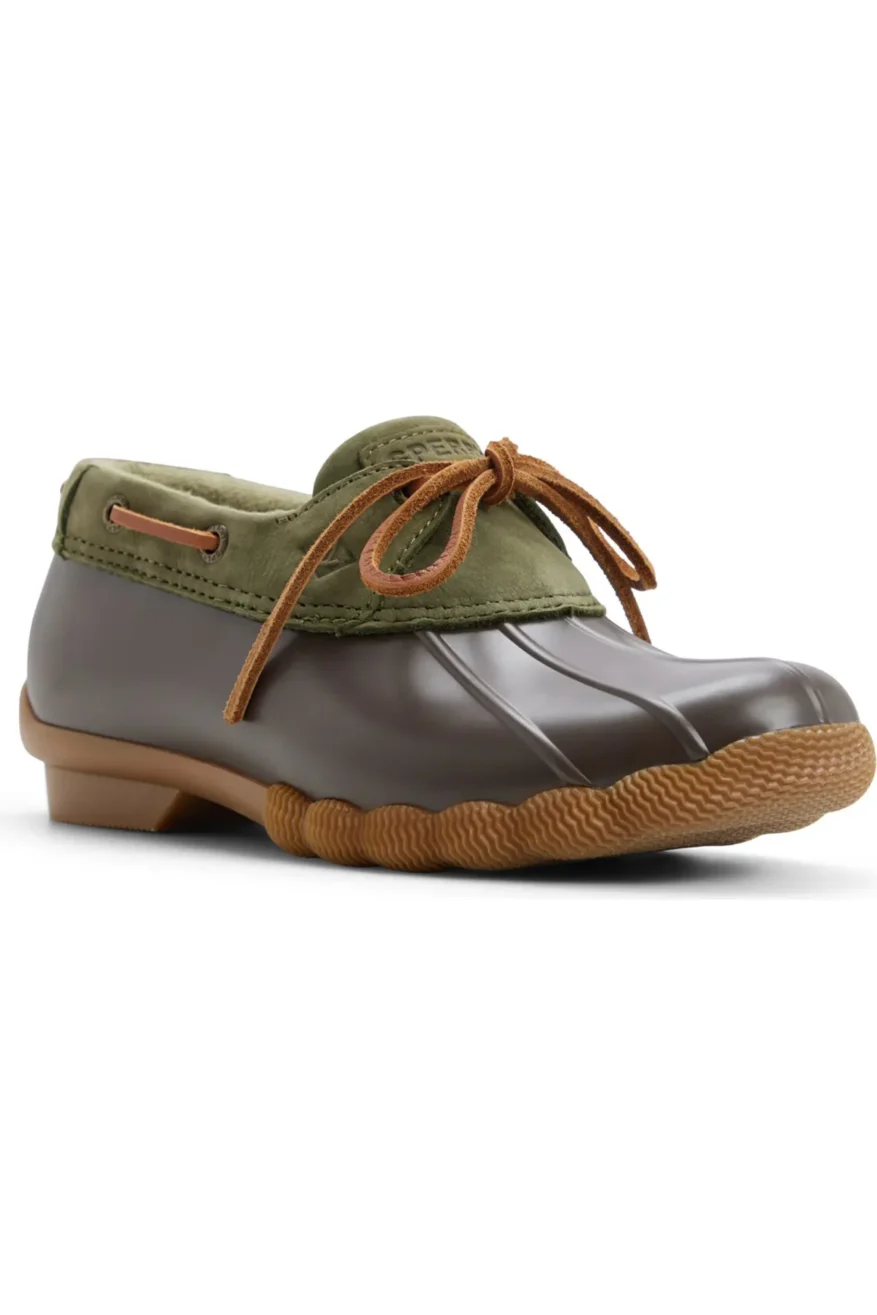 Sperry Saltwater duck shoes in olive green with brown waterproof shell