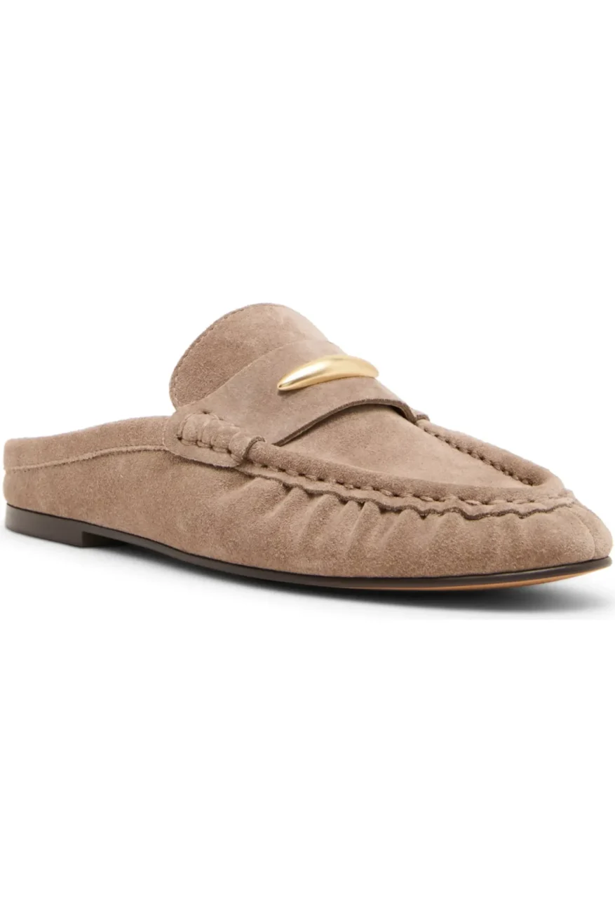 Steve Madden Rixy mules in taupe suede with gold crescent hardware