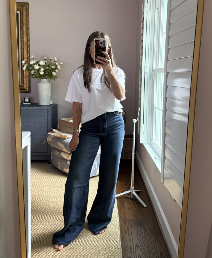 TeriLyn Adams wearing Levi's Ribcage high rise wide leg jeans in dark wash with a white tee