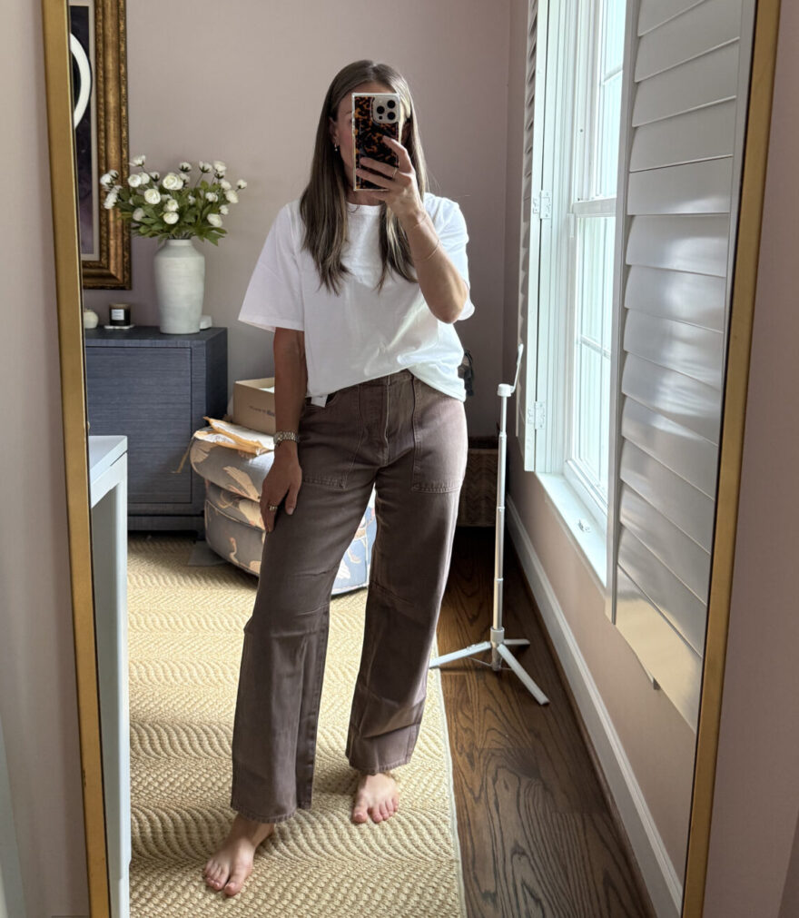 TeriLyn Adams wearing Madewell darted utility barrel leg jeans in brown with a white tee
