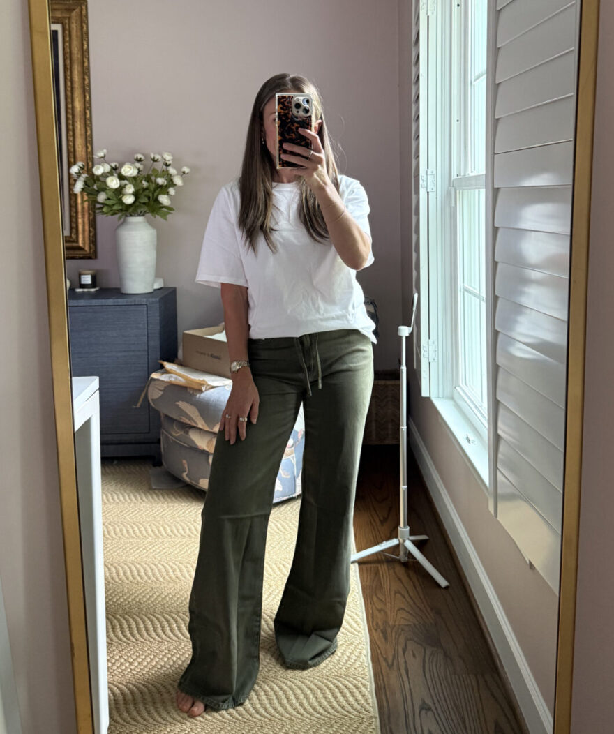 TeriLyn Adams wearing Madewell wide leg drawstring airy denim in olive with a white tee