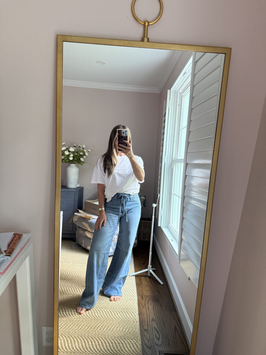 TeriLyn Adams wearing Madewell wide leg drawstring airy denim in light wash with a white tee