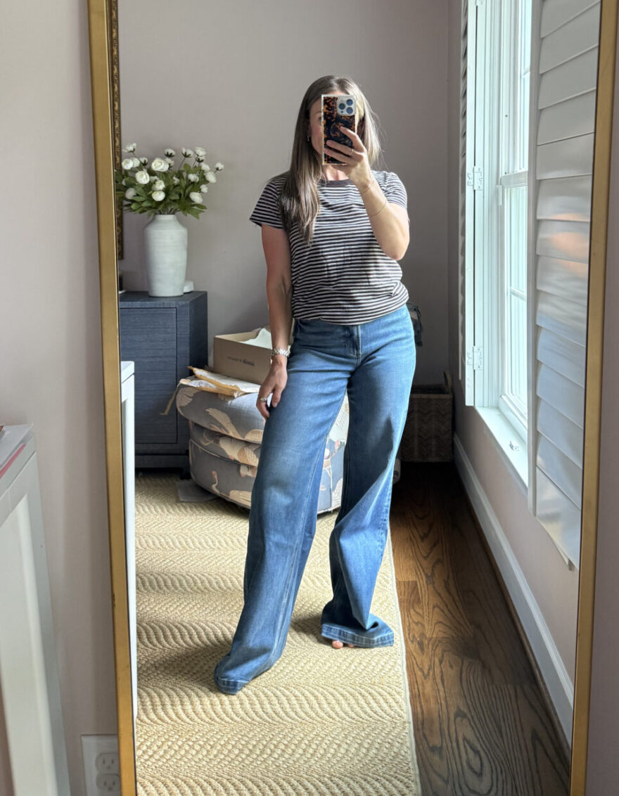 TeriLyn Adams wearing Pistola Lana high waist wide leg jeans in medium wash with a striped tee