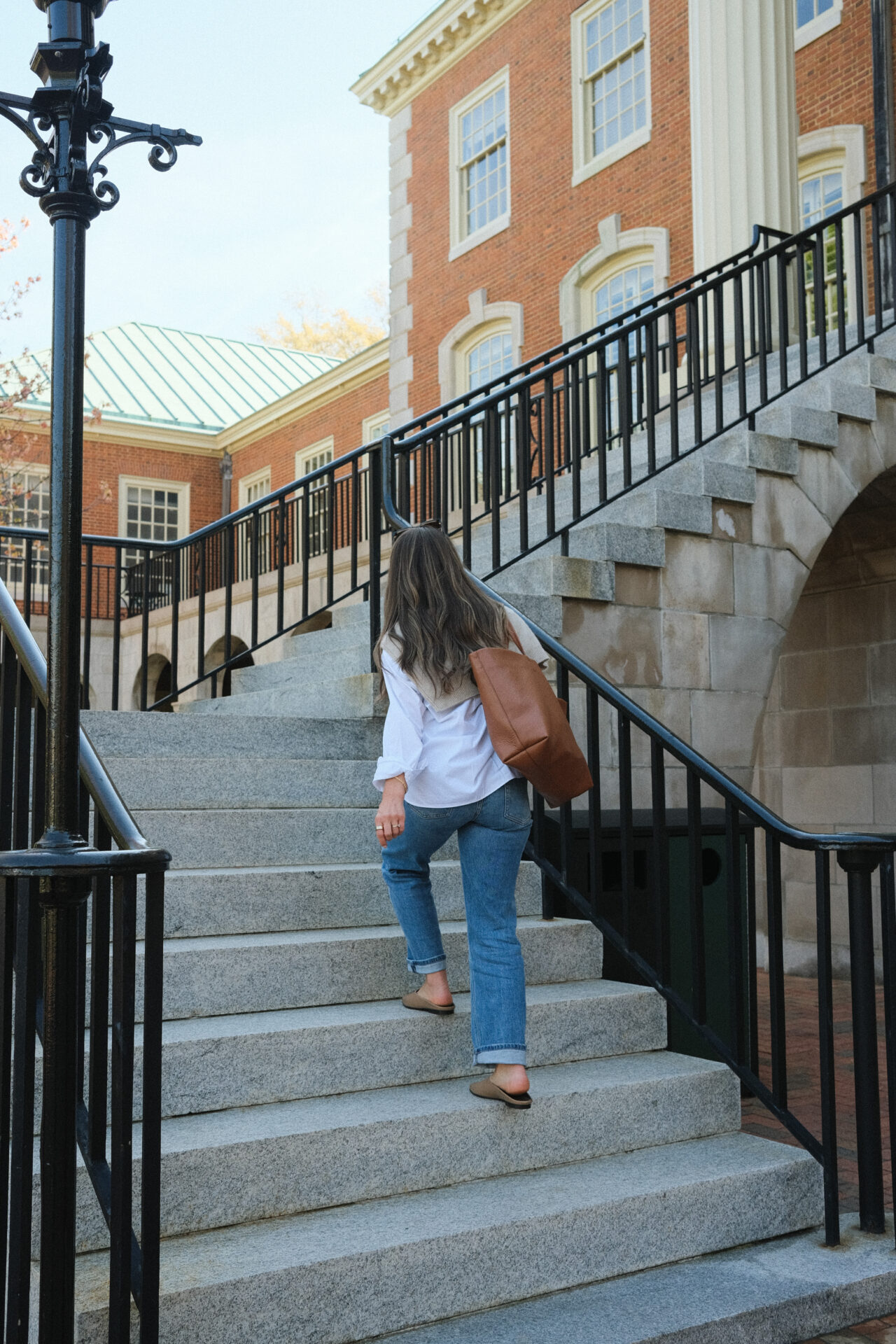TeriLyn Adams walking up stairs with Cuyana Classic Easy Tote over shoulder.