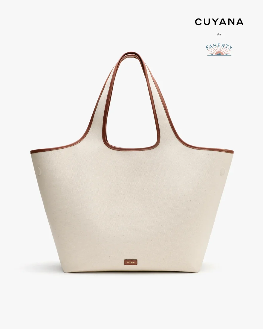 Cuyana system beach tote in natural with chestnut contrast stiching
