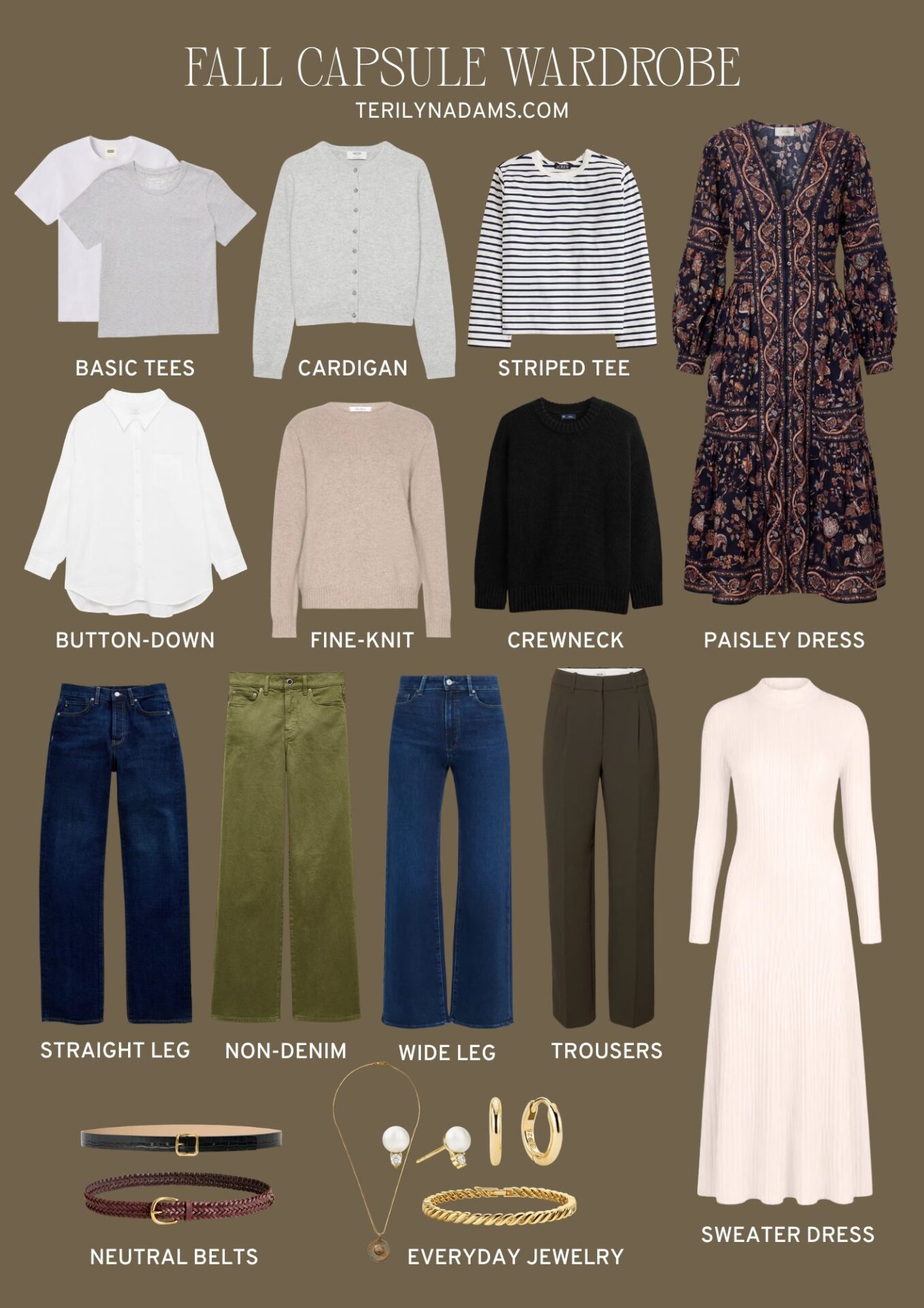 Fall capsule wardrobe with tees, sweaters, pants, dresses, jewelry and belts.
