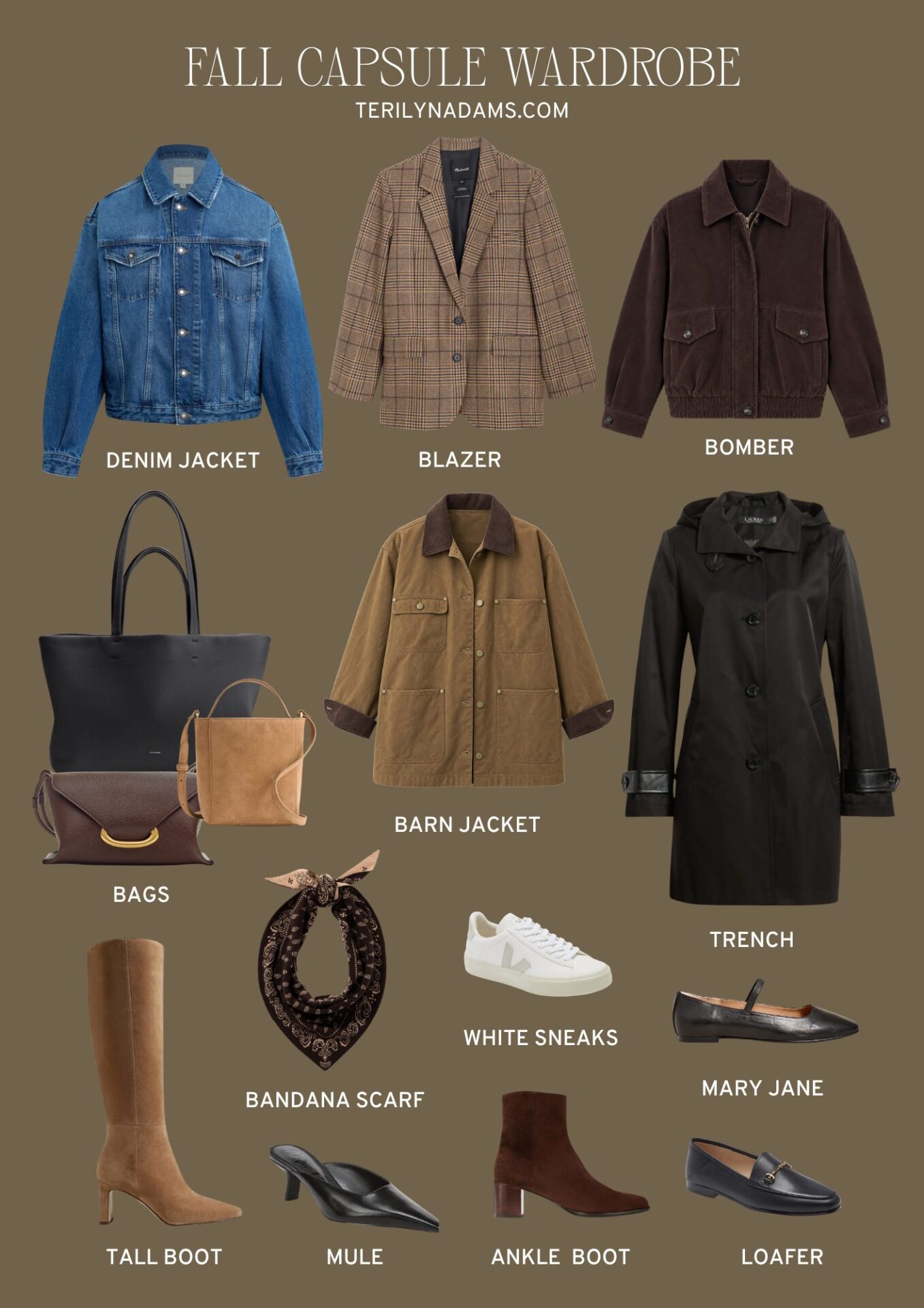 Fall Capsule Wardrobe with jackets, purses, shoes and accessories to add to your capsule
