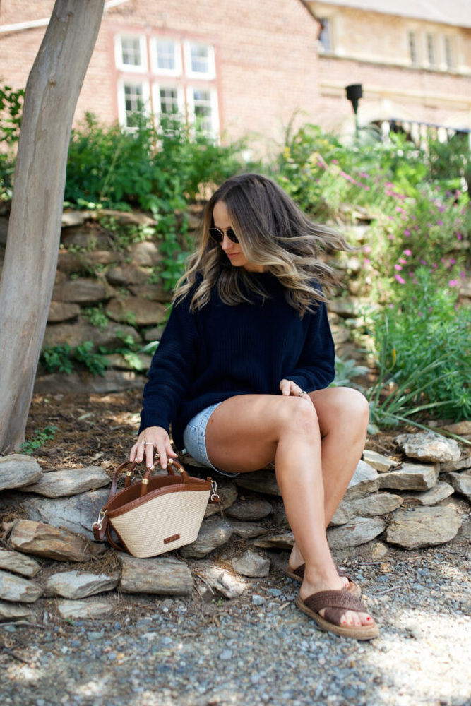 TeriLyn Adams wearing frank & eileen navy montecito chunky knit sweater for fall capsule wardrobe.